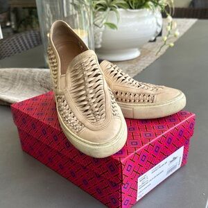 Tory Burch Woven Leather Slip-On Sneakers in Beige. Huarache weaved leather.